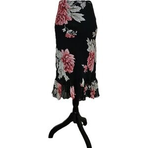 Lapis Silk Black Floral Ruffle Hem Midi Skirt Sz L Fairy Grunge Dark Cottagecore
